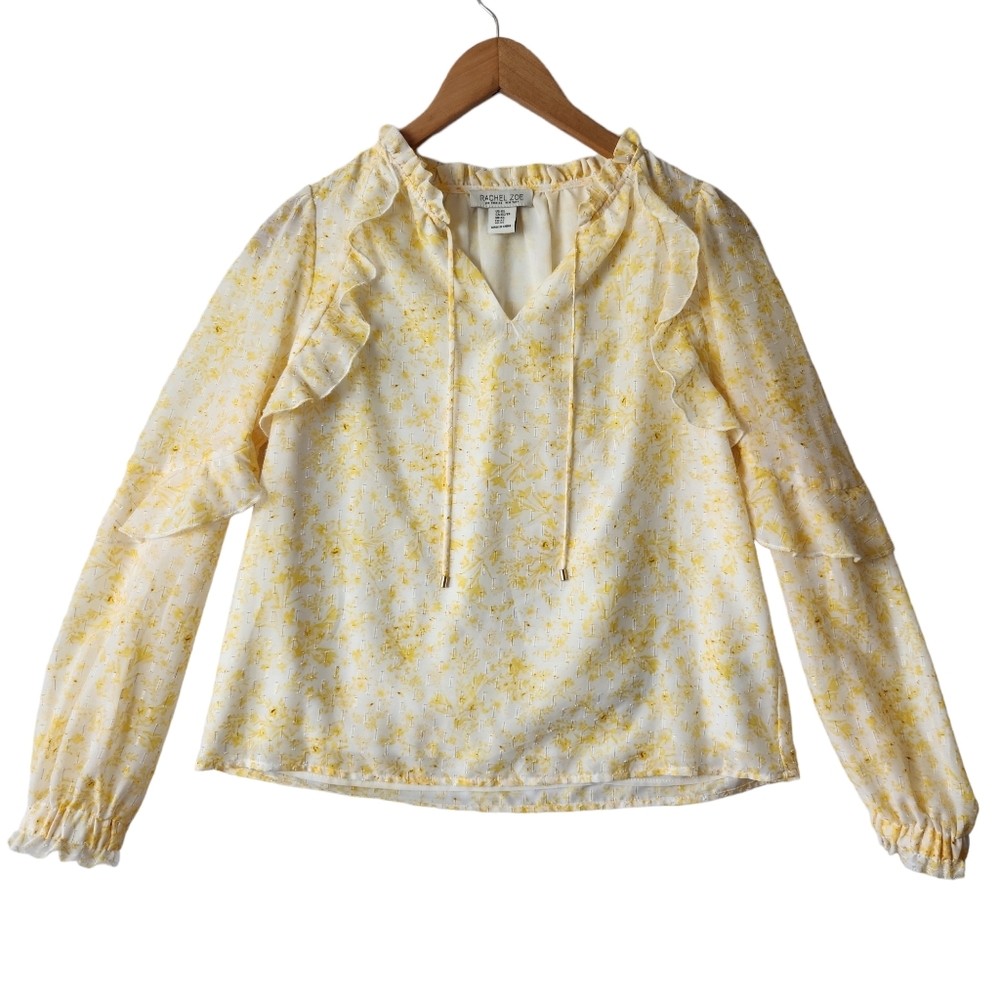 Rachel & Zoe Yellow long Sleeve Floral Ruffle Sheer Lined Blouse Size XS